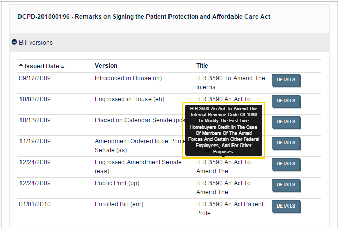 Hover over the abbreviated Bill title to see the full title.