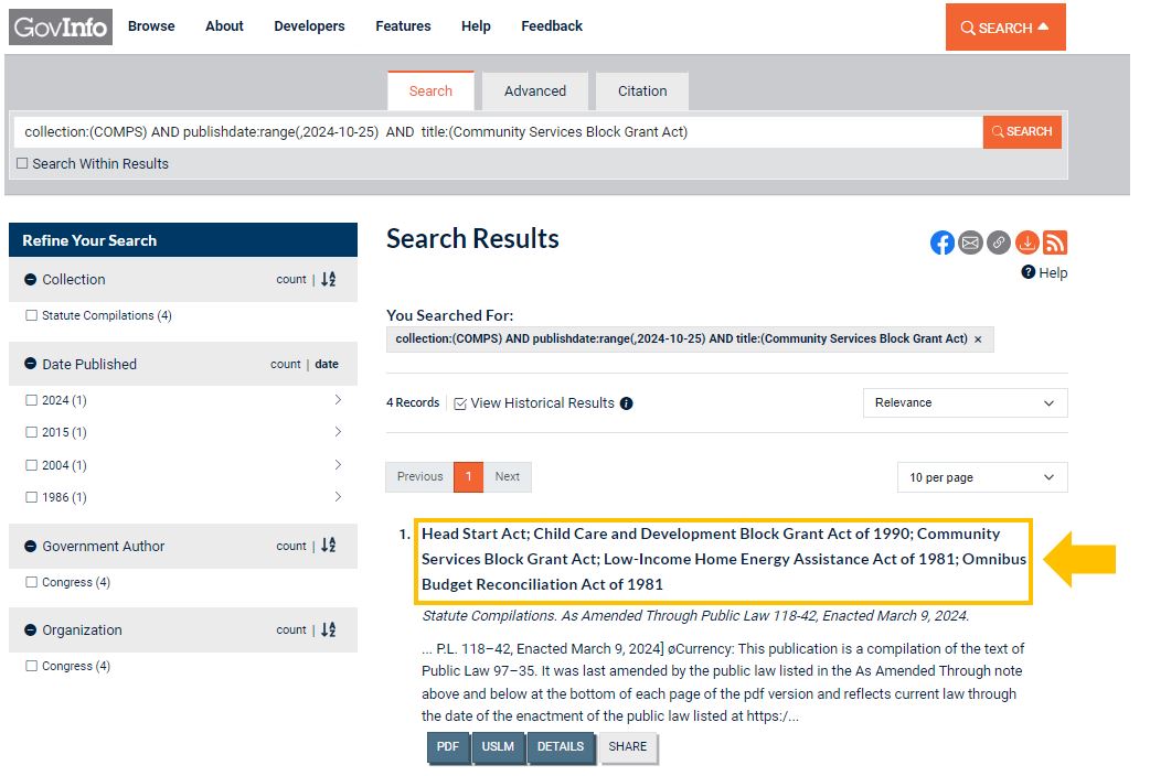 Image of search results for Statute Compilations with title. Source: GPO